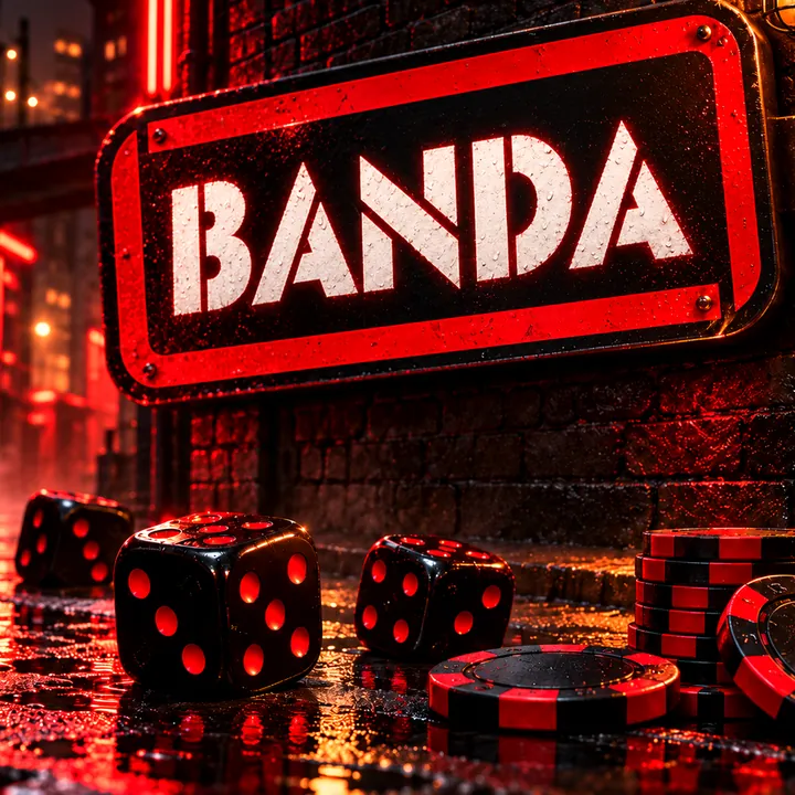 Казино BANDA — красная неоновая вывеска BANDA, игральные кости и фишки