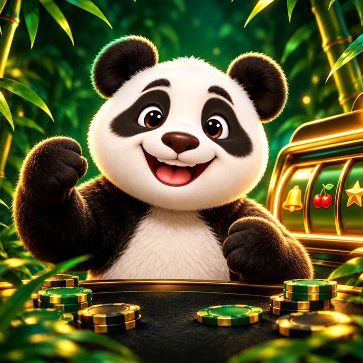 Панда-маскот казино Panda у игрового автомата среди бамбука